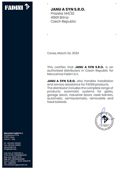 Certifikát FADINI 2024 - montáže a servis