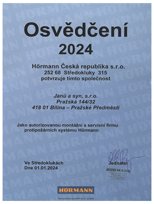 Osvědčení autorizovaného servisního a montážního střediska Hörmann 2024